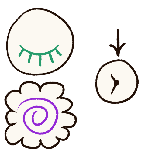 A drawing of a white circle above a fluffy white shape. The white circle contains a closed eye drawing in green, and the fluffy white shape contains a purple spiral. To the right of both of them is a clock, with a black arrow above it pointing downwards.
